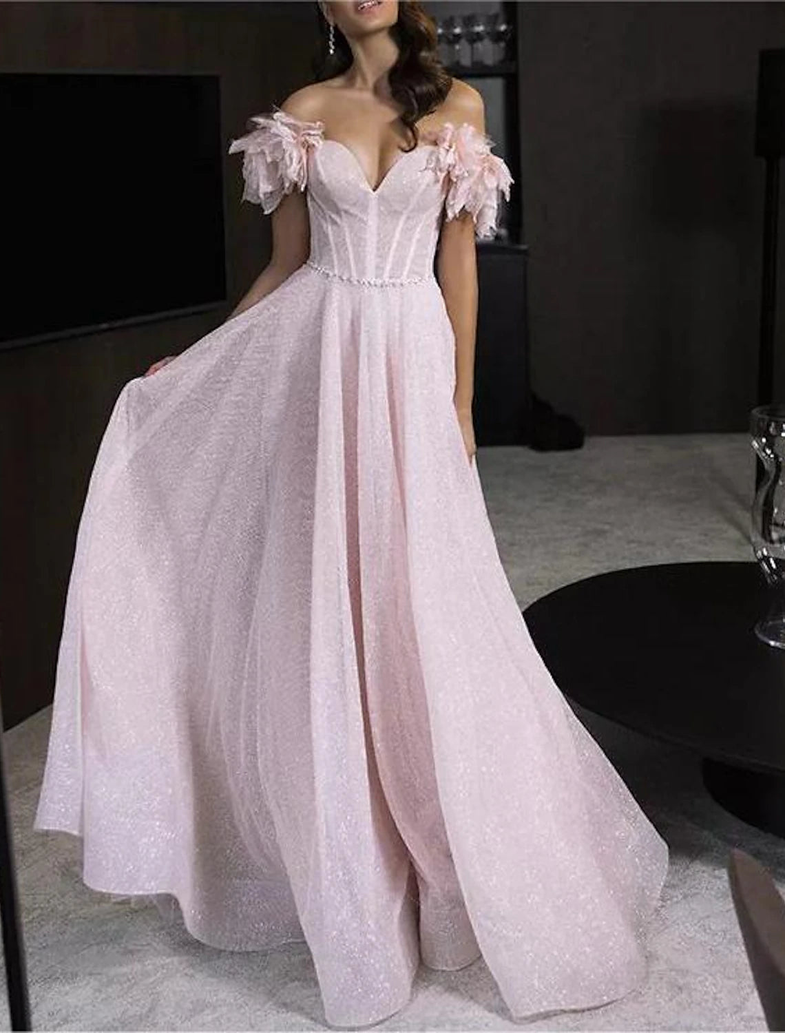 Wholesale A-Line Prom Dresses Glittering Dress Prom Birthday Floor Length Sleeveless Off Shoulder Tulle with Glitter Crystals